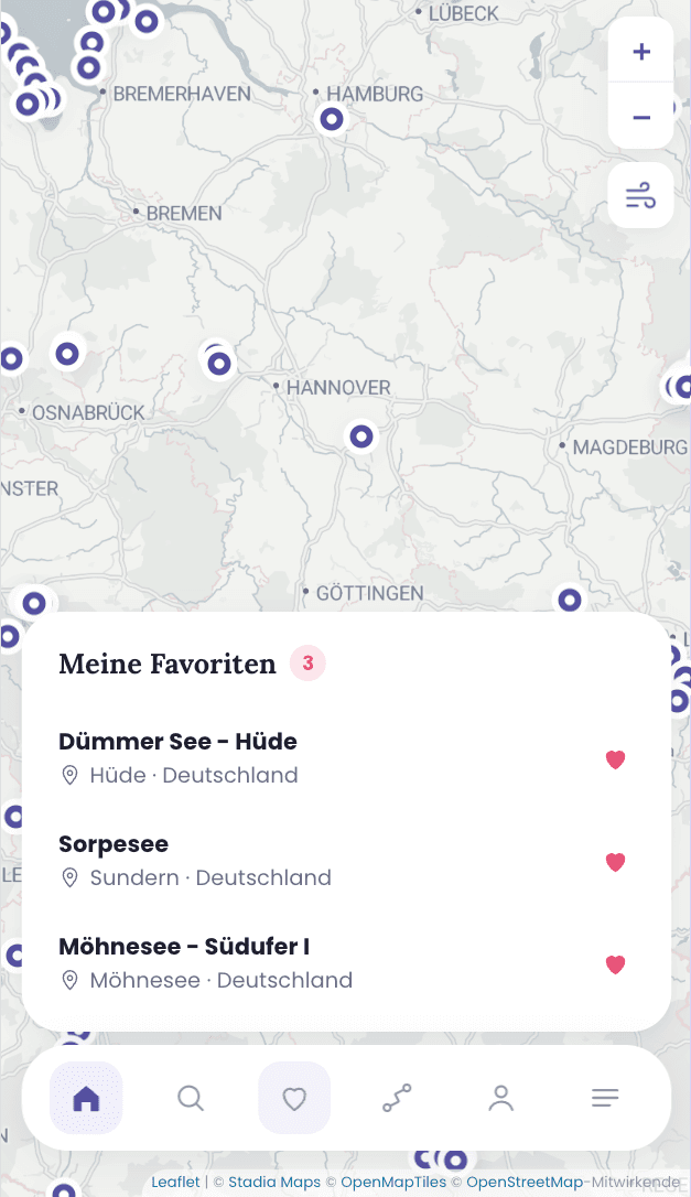 Die Favoritenliste mit den gespeicherten Spots