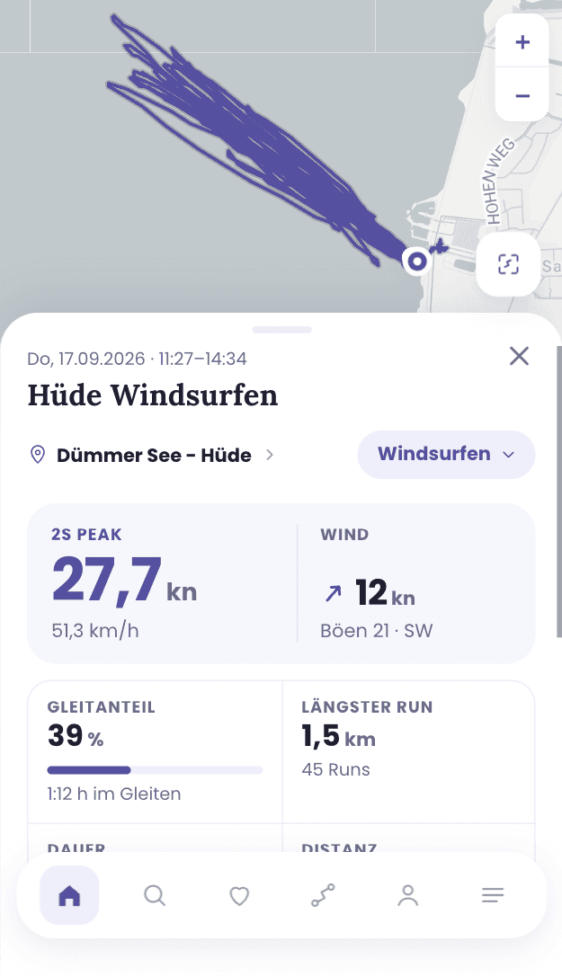 Eine Session im Logbuch mit Track, Dauer, Distanz und 2-Sekunden-Peak