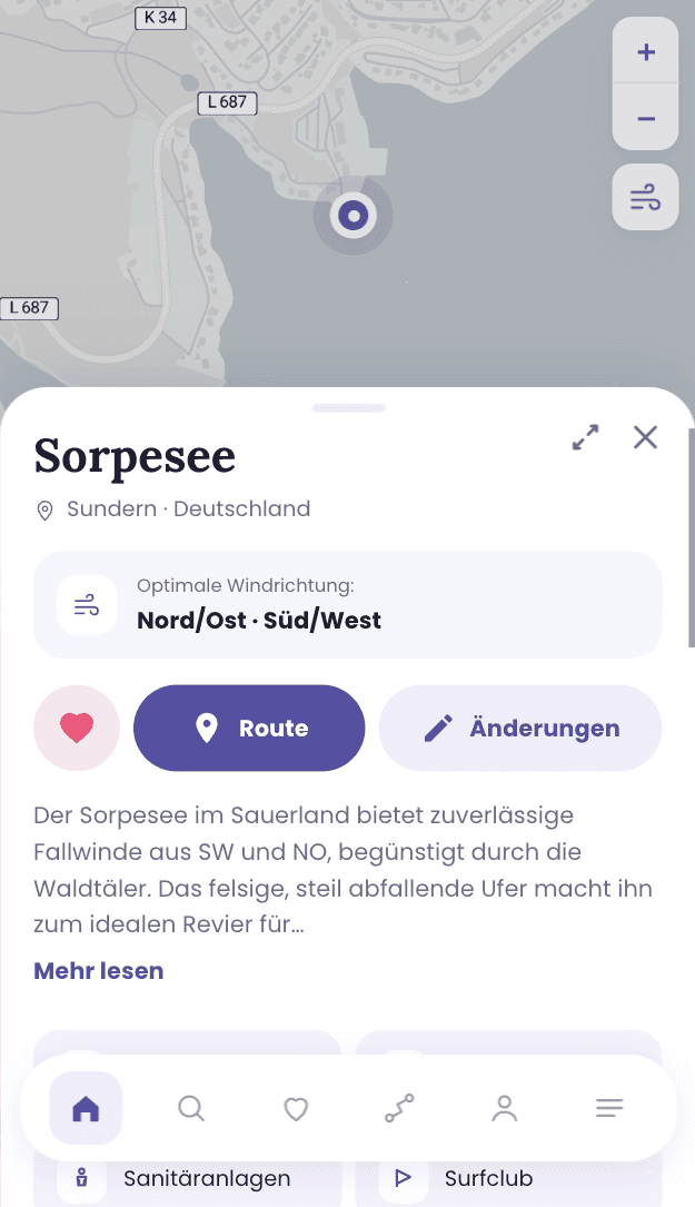 Die Detailansicht eines Spots mit Windrichtung, Level und Ausstattung